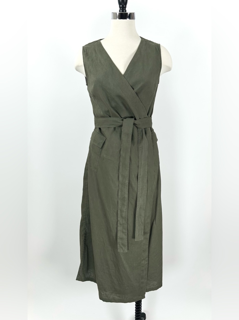 Luxmii Linen Safari Wrap Dress Women XS Green Fatigue Olive Sleeveless Tie Waist